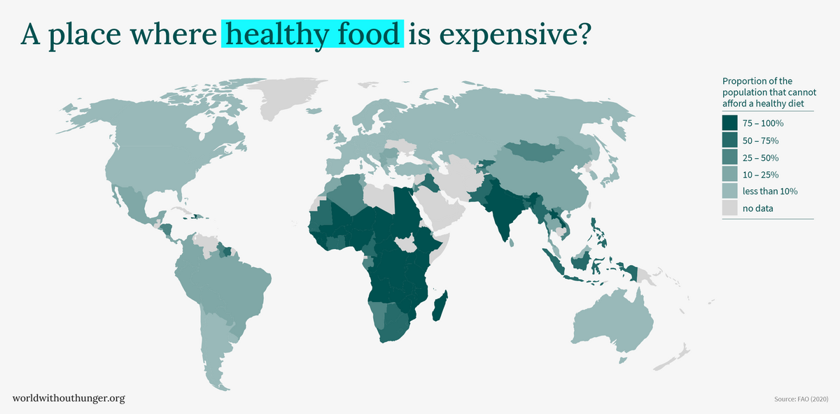 A world map highlights regions where a significant portion of the population cannot afford healthy food, particularly in Africa.