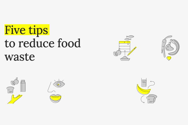 Illustrations accompany the text "Five tips to reduce food waste" with various food-related icons.