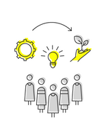 Eine abstrakte Darstellung eines Kopfes mit gelber Glühbirne, Zahnrad und Hand als Symbole für Kreativität und Innovation.