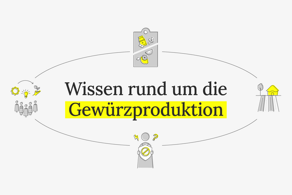 Illustration zeigt den Prozess der Gewürzproduktion mit Text "Wissen rund um die Gewürzproduktion" in der Mitte.