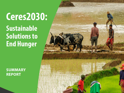 Landwirte pflügen mit Ochsen ein Feld neben dem Titel „Ceres2030: Nachhaltige Lösungen zur Beendigung von Hunger“.