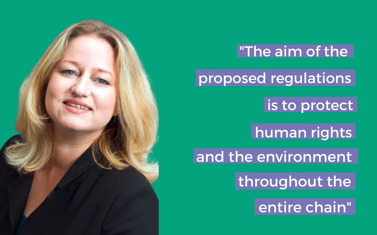 A woman smiles confidently beside a quote highlighting regulations for human rights and environmental protection.