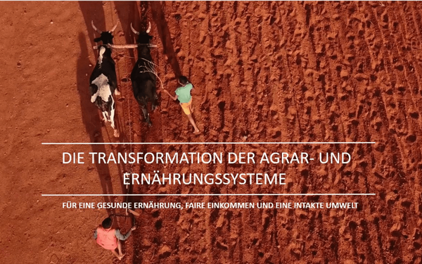 Zwei Personen pflügen ein rotes Feld mit Ochsen, begleitet von Text zur Transformation der Agrar- und Ernährungssysteme.