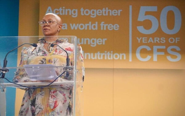 A speaker addresses an audience at a podium during the 50th anniversary of the Committee on World Food Security (CFS).