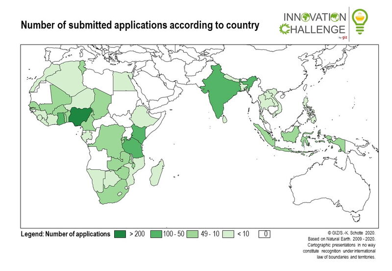 A world map highlights countries by the number of submitted applications for an innovation challenge, with varying shades of green.