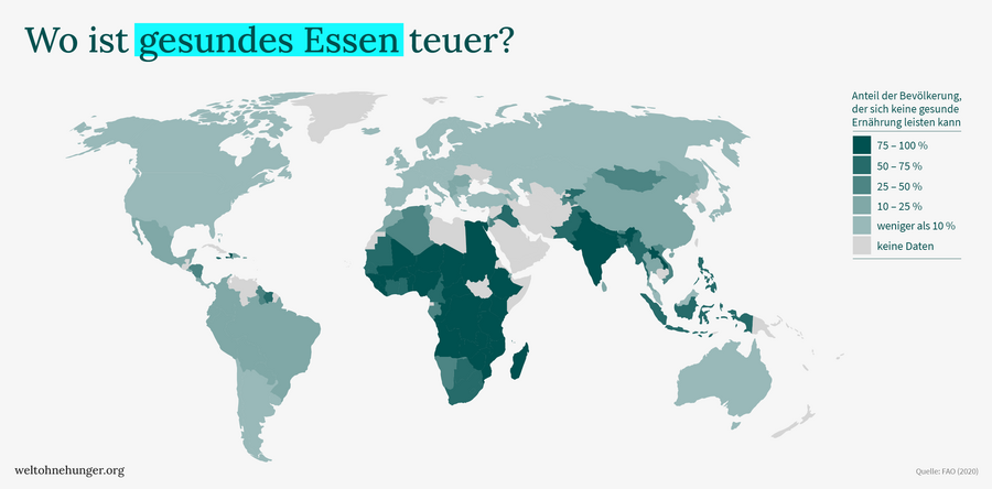 Weltkarte zeigt in verschiedenen Farben, wo gesunde Ernährung teuer ist, mit Schwerpunkt auf Afrika und Asien.
