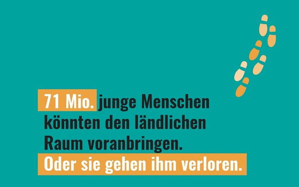 Ein grüner Hintergrund zeigt den Text über junge Menschen, die ländliche Räume beeinflussen, mit Fußabdruckgrafiken.