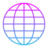 A gradient globe icon features vibrant pink and blue lines forming a spherical grid pattern against a black background.