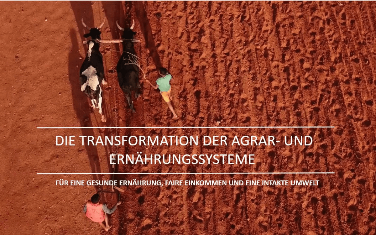 Zwei Personen pflügen ein rotes Feld mit Ochsen, begleitet von Text zur Transformation der Agrar- und Ernährungssysteme.