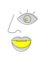 A minimalist illustration shows an abstract face with one eye and lips highlighted in yellow.