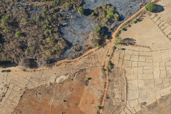 Luftaufnahme von Madagaskars Landschaft zeigt Felder, Pfade und verbrannte Vegetation, die Entwicklung und Wandel verdeutlichen.