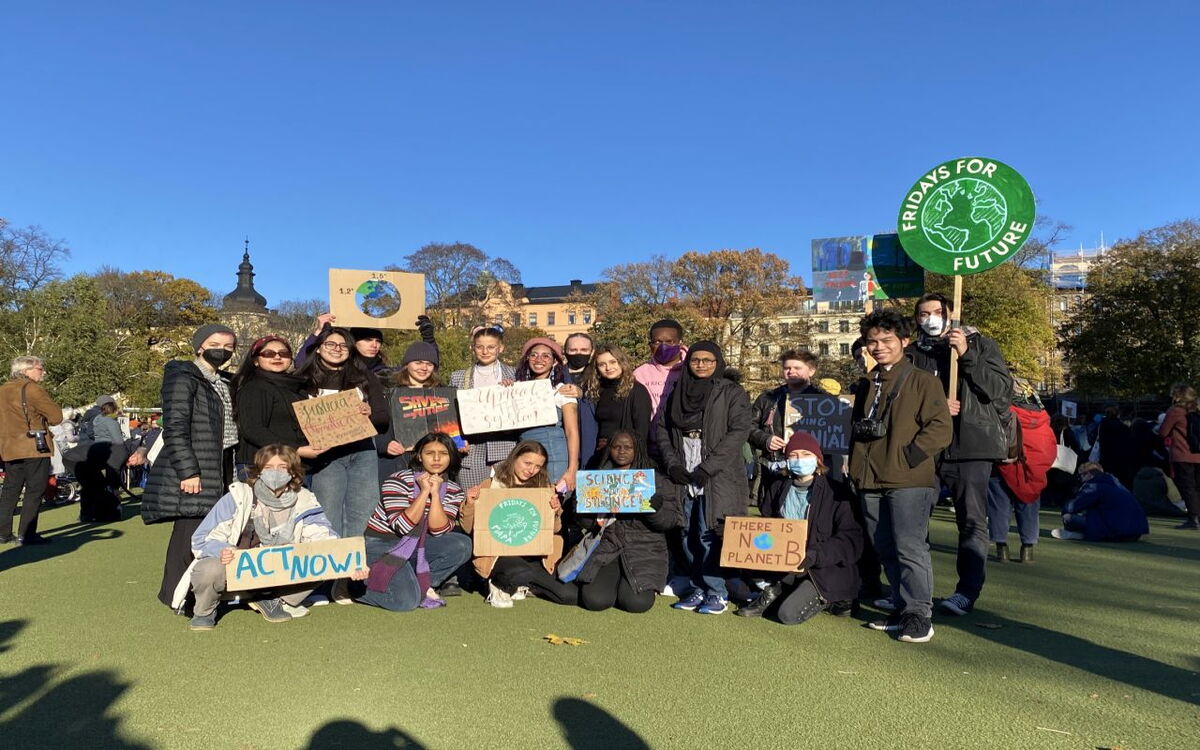 A group of protesters in Stockholm holds climate change signs during a Fridays for Future event in a sunny park.