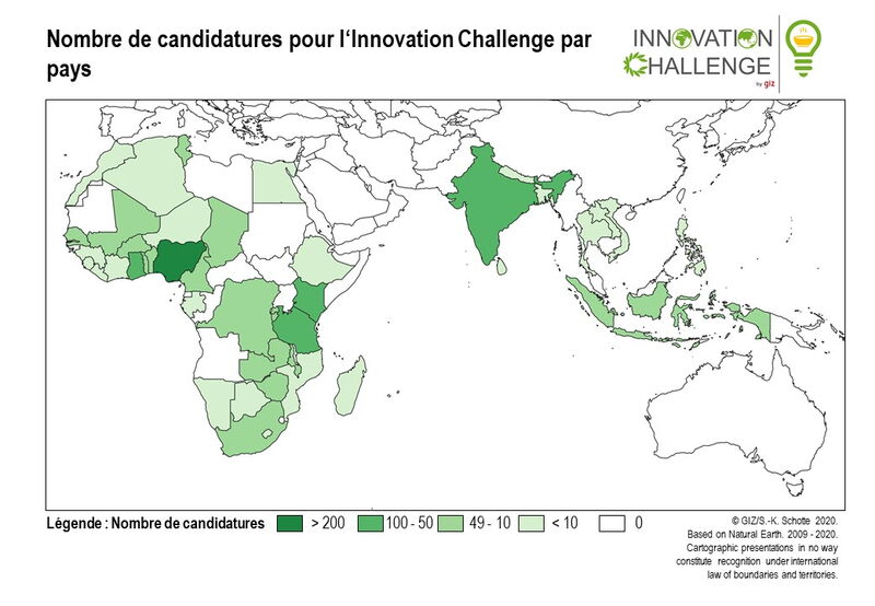 Eine Weltkarte zeigt die Anzahl der Bewerbungen für den Innovation Challenge in verschiedenen Ländern.
