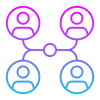 Four interconnected user icons are linked by lines, illustrating a network diagram with a gradient color scheme.
