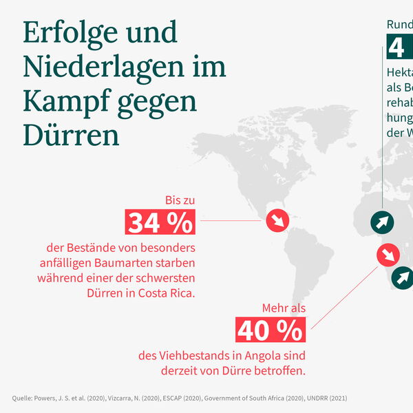 Eine Infografik zeigt globale Statistiken und Auswirkungen von Dürre, mit Schwerpunkt auf betroffene Regionen und Maßnahmen.