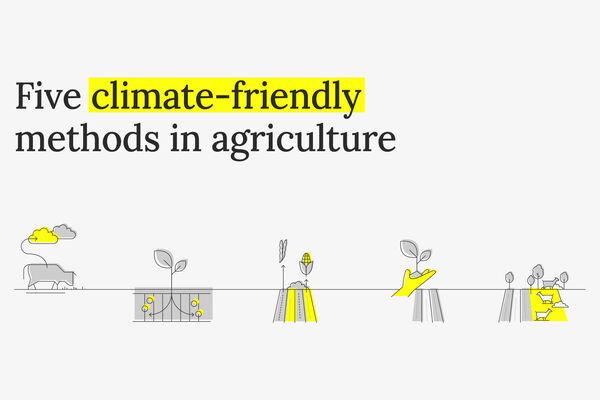 The image illustrates five climate-friendly agricultural methods with simple line drawings and highlighted text.