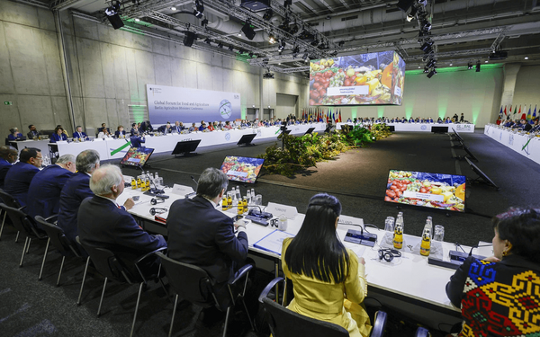 Delegierte sitzen in einem großen Konferenzraum beim Global Forum for Food and Agriculture in Berlin.