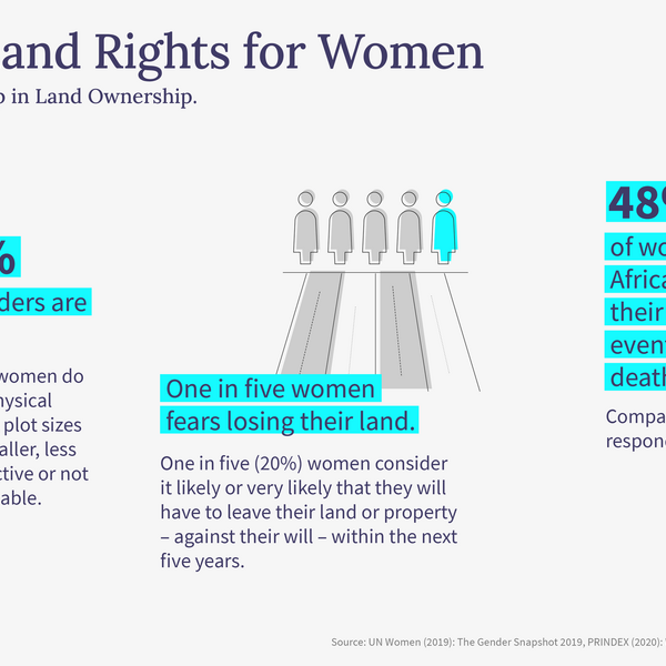 Infographic highlights gender inequality in land rights, showing statistics about women's concerns and ownership percentages.