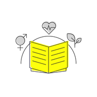 Drei Strichmännchen arbeiten zusammen und lesen ein großes, gelbes Buch, das im Mittelpunkt steht.