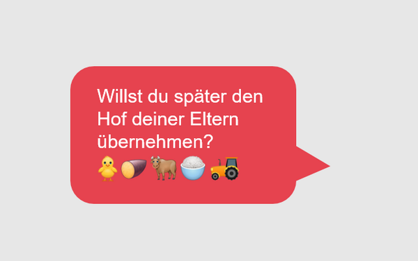 Eine rote Sprechblase fragt, ob man später den Hof der Eltern übernehmen möchte, begleitet von landwirtschaftlichen Emojis.