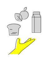 A yellow hand reaches up towards floating icons of bread, an apple, and a carton, symbolizing a food day celebration.