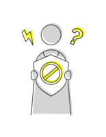 A person wears a shield with a prohibition symbol, surrounded by a lightning bolt and question mark, symbolizing community protection.