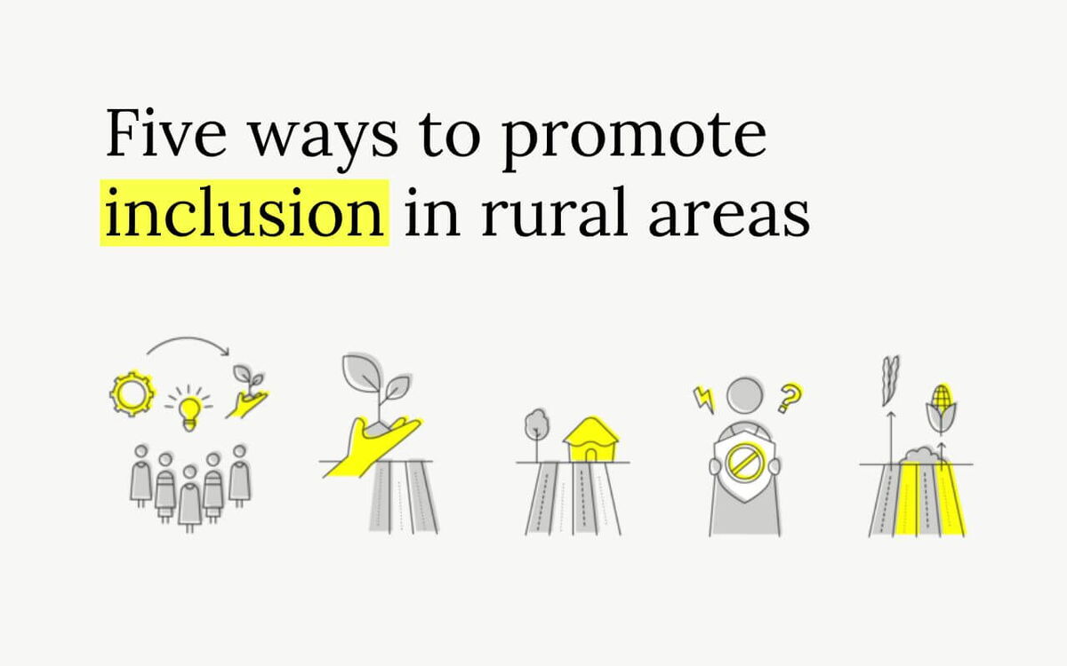 Illustrated icons represent strategies for promoting inclusion in rural areas, featuring agriculture and community symbols.