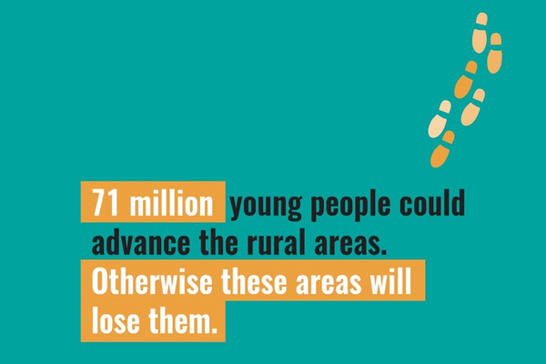 Text highlights the potential of 71 million young people to enhance rural areas, with footprints symbolizing progress.