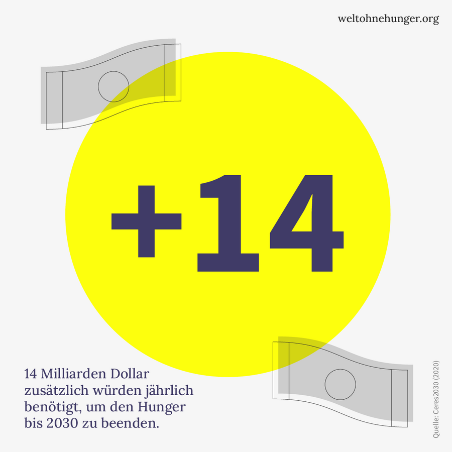 Ein gelber Kreis mit "+14" symbolisiert die benötigten 14 Milliarden Dollar zur Hungerbekämpfung bis 2030.