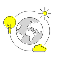 Eine stilisierte Weltkugel wird von einer Sonne, einem Baum und einer Wolke in leuchtendem Gelb umrahmt.