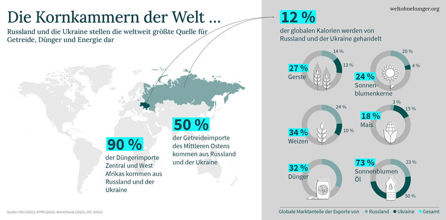 Infografik zeigt globale Bedeutung Russlands und der Ukraine bei Getreide, Düngemitteln und Energieexporten.