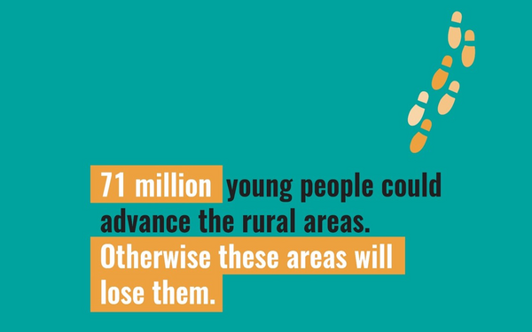Text highlights the potential of 71 million young people to enhance rural areas, with footprints symbolizing progress.