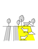 Silhouetted animals graze on a vibrant yellow field with trees and plants in the background, highlighting sustainable land use.