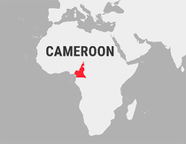 A map highlights Cameroon in red within the African continent, with the country's name prominently displayed.