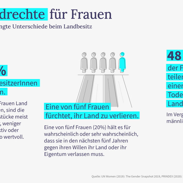 Infografik zeigt ungleiche Landrechte für Frauen mit statistischen Daten und Illustrationen zu Besitzanteilen und Ängsten.