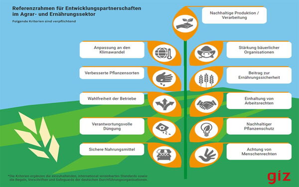 Infografik zeigt Kriterien für nachhaltige Agrarentwicklung, wie Klimaanpassung und Ernährungssicherheit, in Blattform.