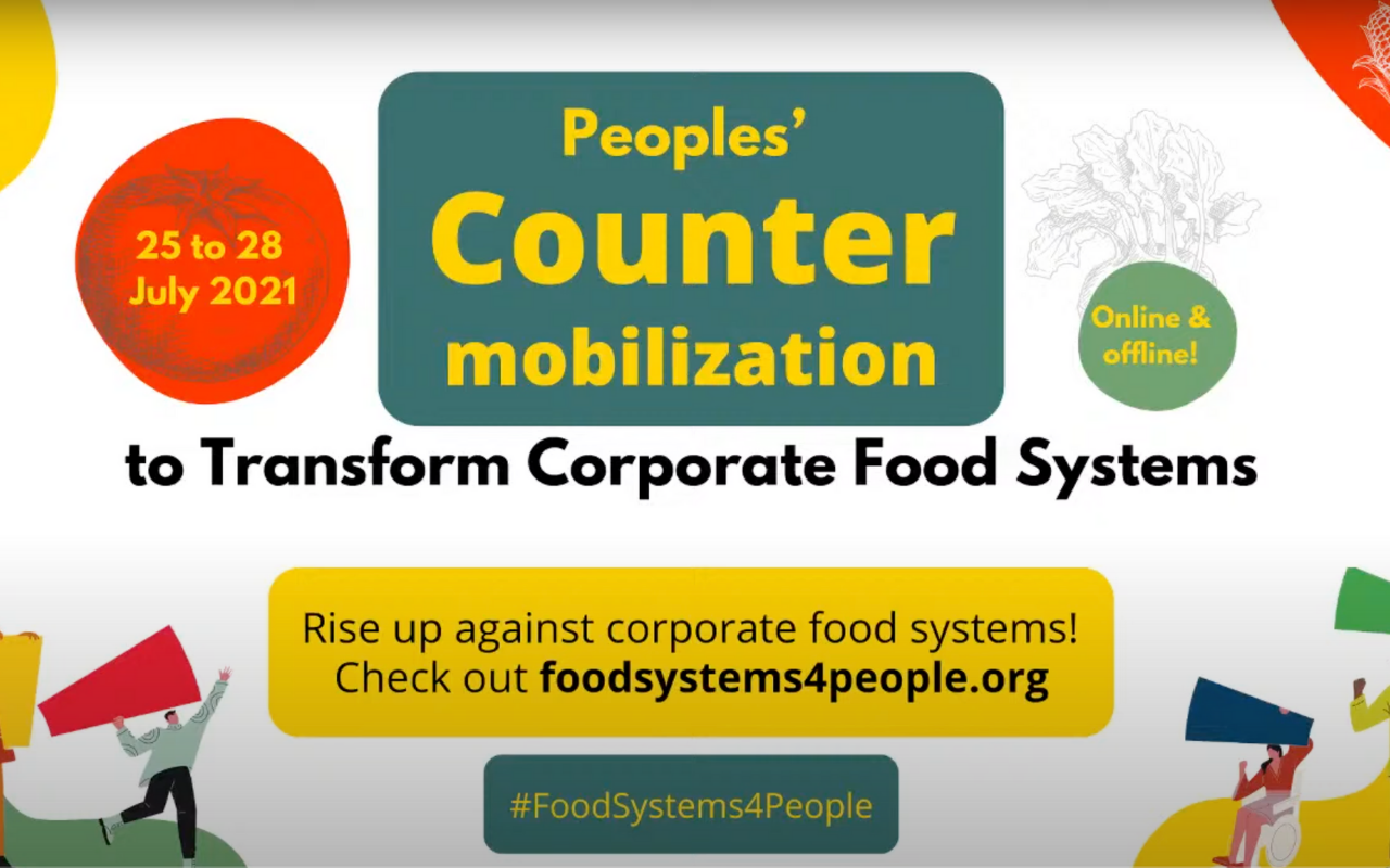 Ein buntes Plakat bewirbt die People's Counter Mobilization zur Transformation von Lebensmittelsystemen im Juli 2021.