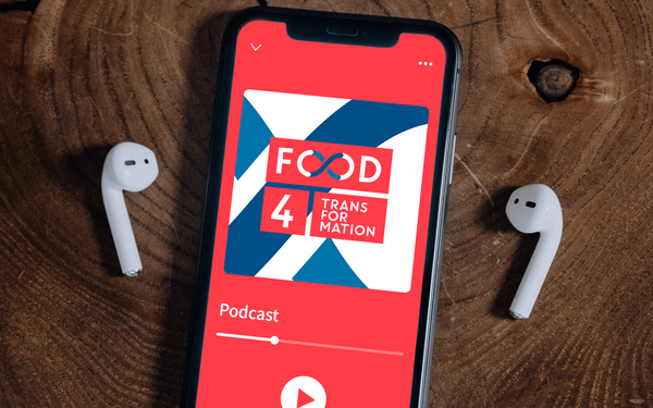 Ein Smartphone zeigt das "Food for Transformation" Podcast-Logo, flankiert von zwei kabellosen Ohrhörern auf Holz.