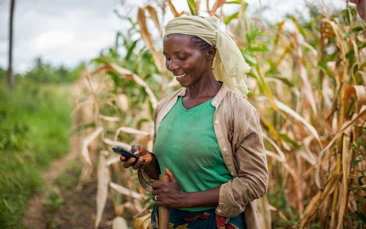 Eine Frau in einem Maisfeld schaut lächelnd auf ihr Handy, während sie einen Stock hält.