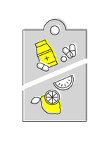 Ein Zitronenscheibe und eine Gewürztüte sind grafisch in Schwarz und Gelb dargestellt.