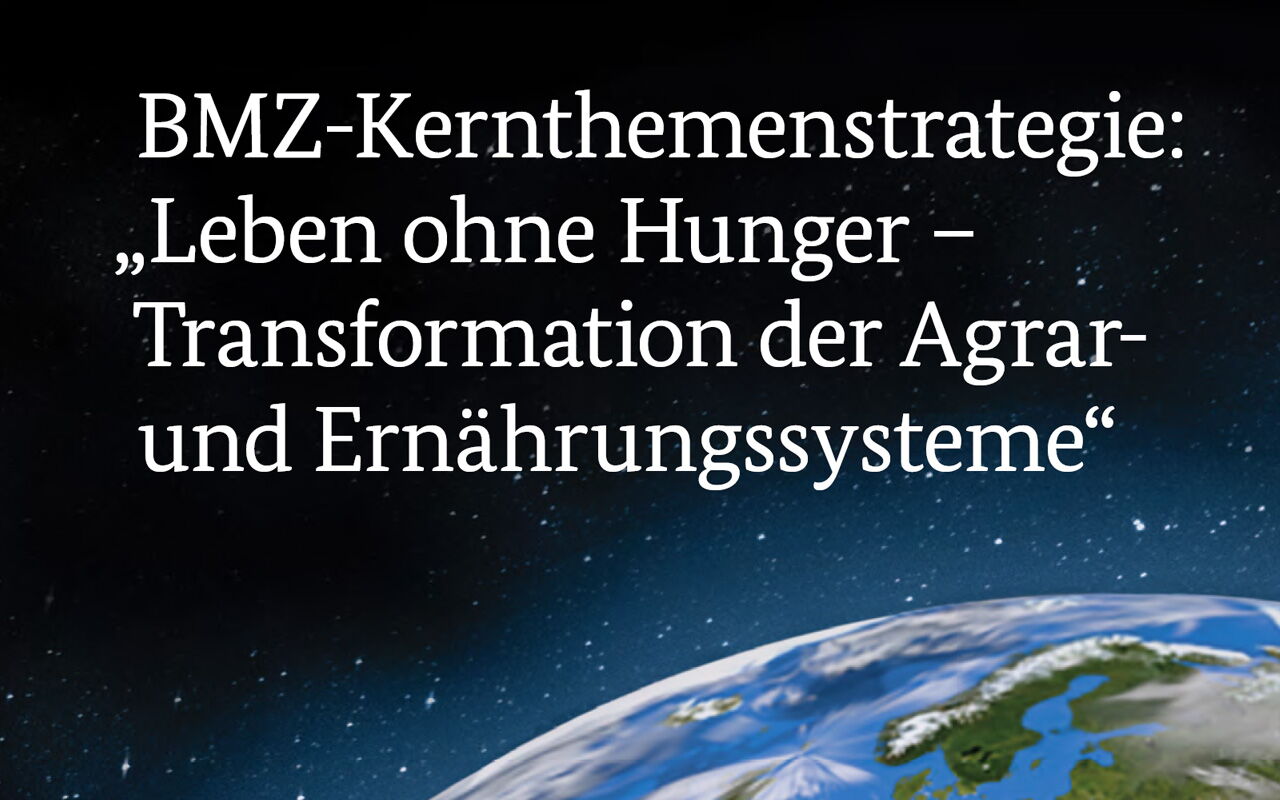 Text der BMZ-Kernthemenstrategie zu globaler Agrartransformation über einem Bild der Erde im Weltraum.