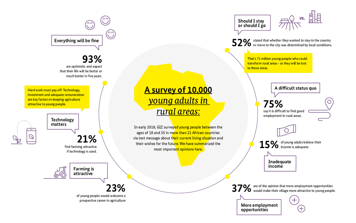 Infographic illustrating survey results on young adults in rural areas, highlighting optimism, farming attraction, and employment opportunities.