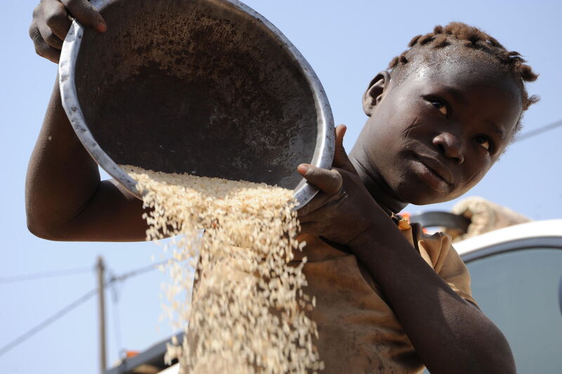 Ein Kind in Benin schüttet Reis aus einer Schüssel aus, während es konzentriert in die Kamera schaut.