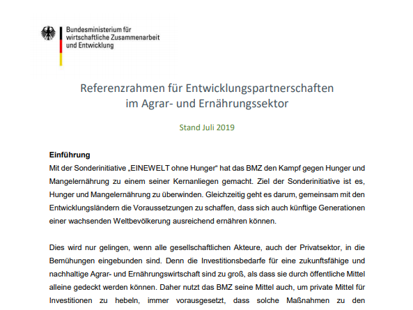 Das Dokument zeigt den Referenzrahmen für Entwicklungspartnerschaften im Agrar- und Ernährungssektor, Stand Juli 2019.