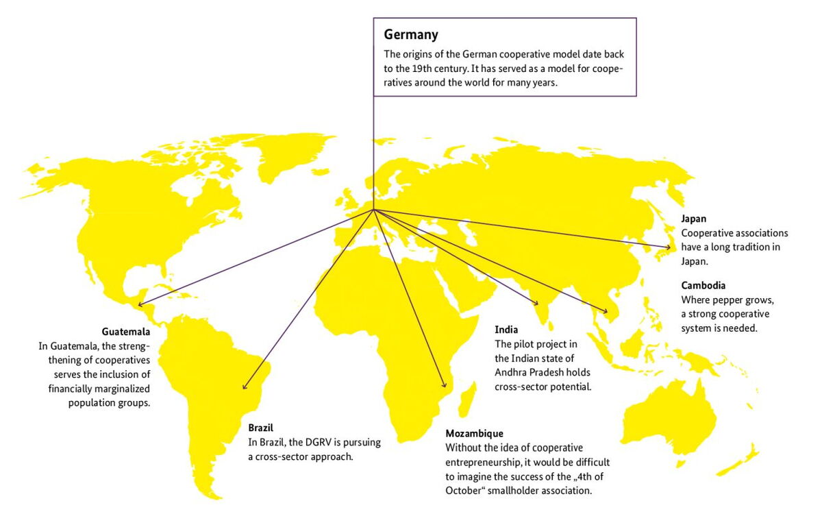A world map highlights cooperative initiatives in Germany, Japan, India, Brazil, Guatemala, Cambodia, and Mozambique.
