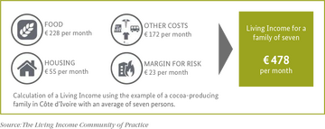 An infographic illustrates household expenses needed for a family's living income of €478 per month, including food and housing.