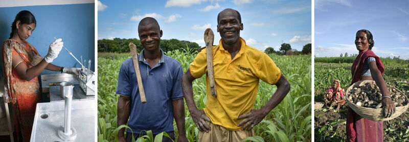 Eine Frau arbeitet im Labor, während Landwirte auf dem Feld stehen und eine Frau mit einem Korb Gemüse lächelt.