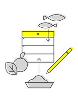 Illustration of a food schedule with fish, an apple, and a pencil, highlighting healthy meal planning.