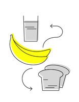 Illustration of bananas, a glass of milk, and bread slices with arrows, suggesting a breakfast food combination.