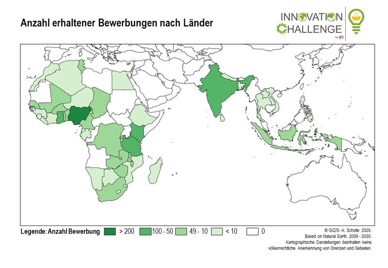 Eine Weltkarte zeigt die Anzahl der Bewerbungen nach Ländern, farblich abgestuft von hell- bis dunkelgrün.